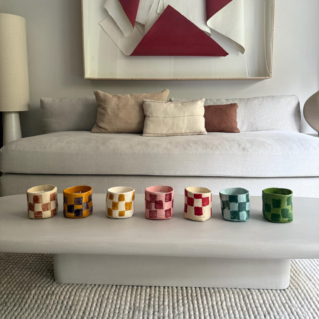 Vela Cerámica Vaso Cuadros Rojo-Blanco