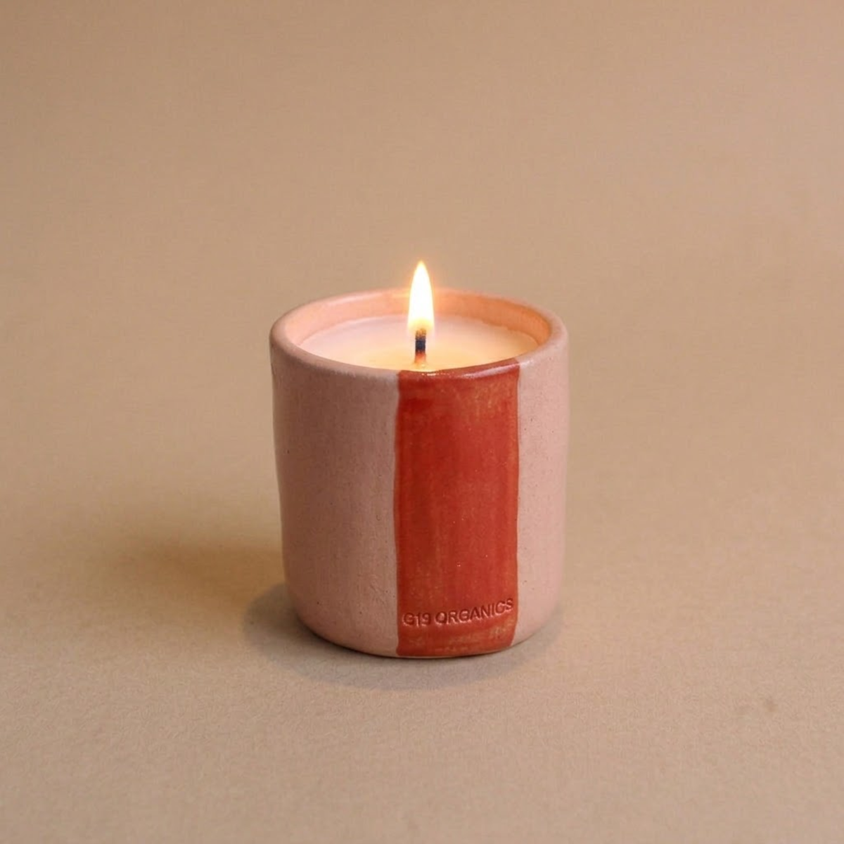 Vela Cerámica Vaso Rayas Tonos Rojos