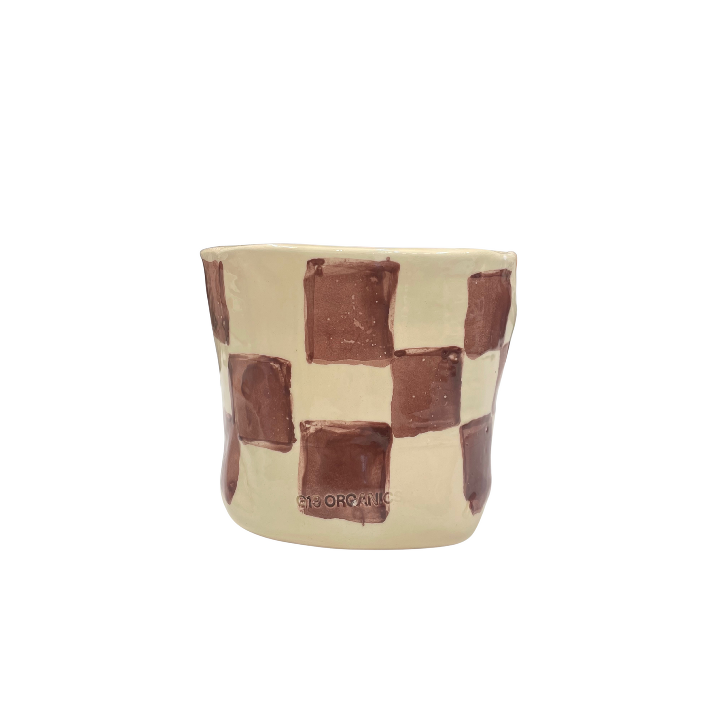 Vela Cerámica Vaso Cuadros Burdeos-Beige