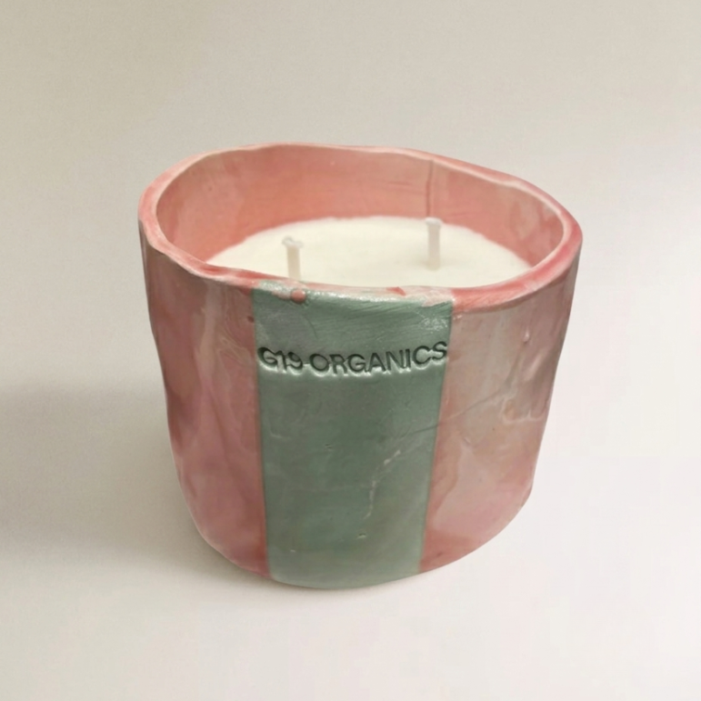 Vela Cerámica Vaso Raya Rosa-Azul Claro