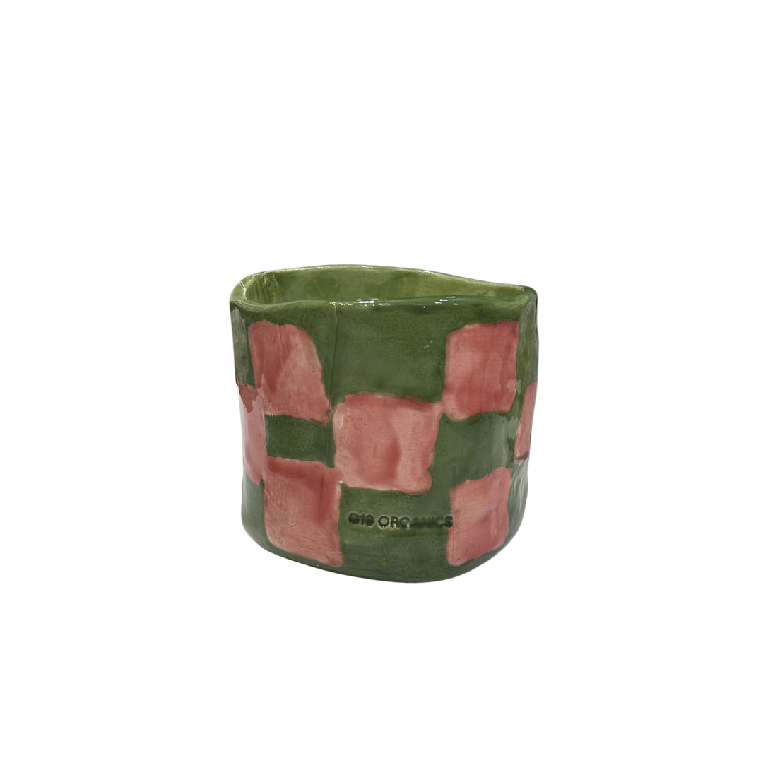 Vela Cerámica Vaso Cuadros Verde-Rosa