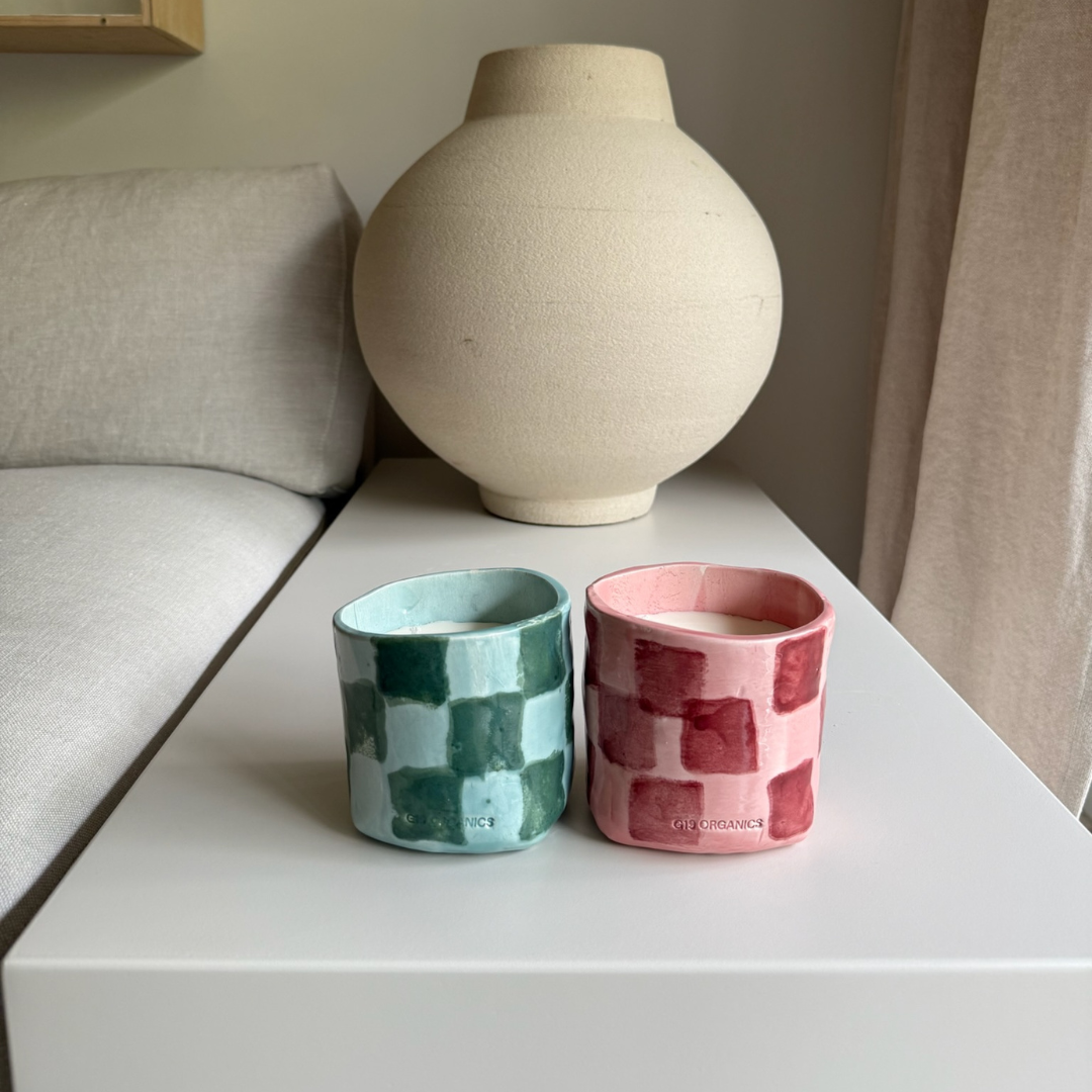 Vela Cerámica Vaso Cuadros Azul-Marino