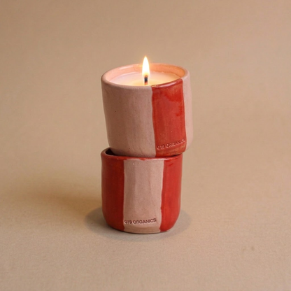 Vela Cerámica Vaso Rayas Tonos Rojos