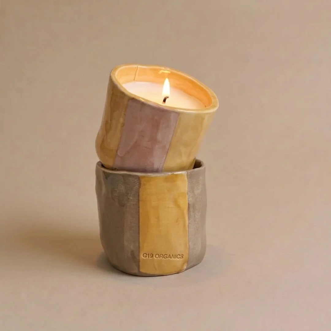 Vela Cerámica Vaso Rayas Tonos Amarillos