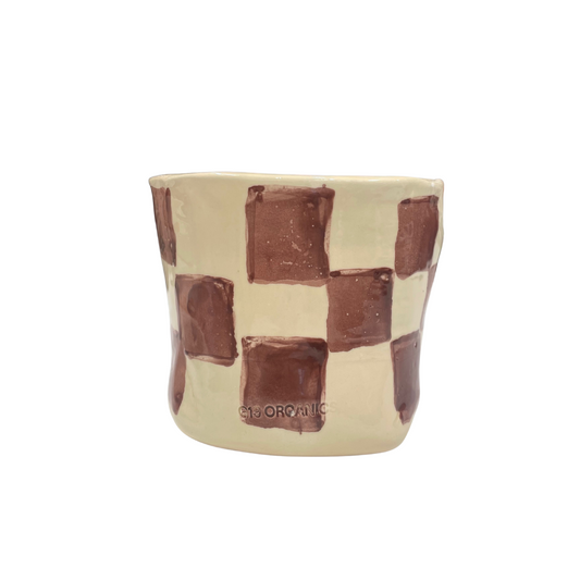 Vela Cerámica Vaso Cuadros Burdeos-Beige