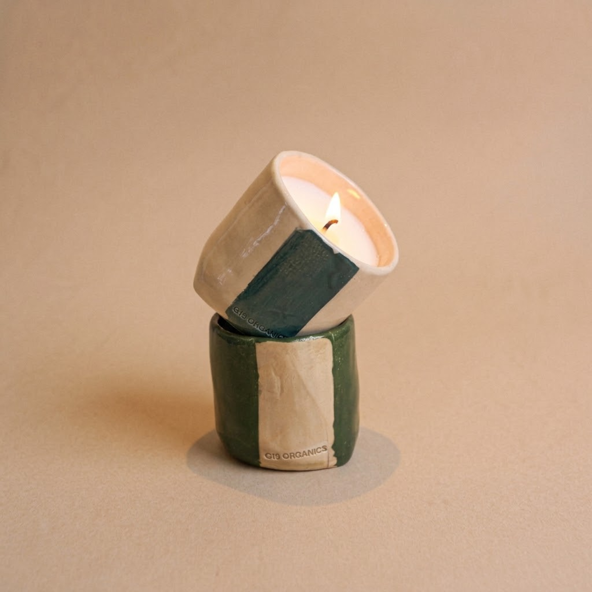 Vela Cerámica Vaso Rayas Tonos Verdes