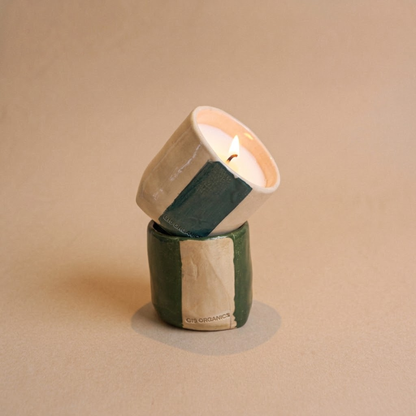 Vela Cerámica Vaso Rayas Tonos Verdes