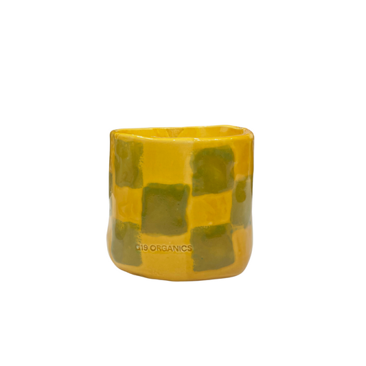 Vela Cerámica Vaso Cuadros Mostaza-Verde