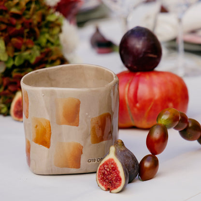 Vela Cerámica Vaso Cuadros Beige-Caramelo