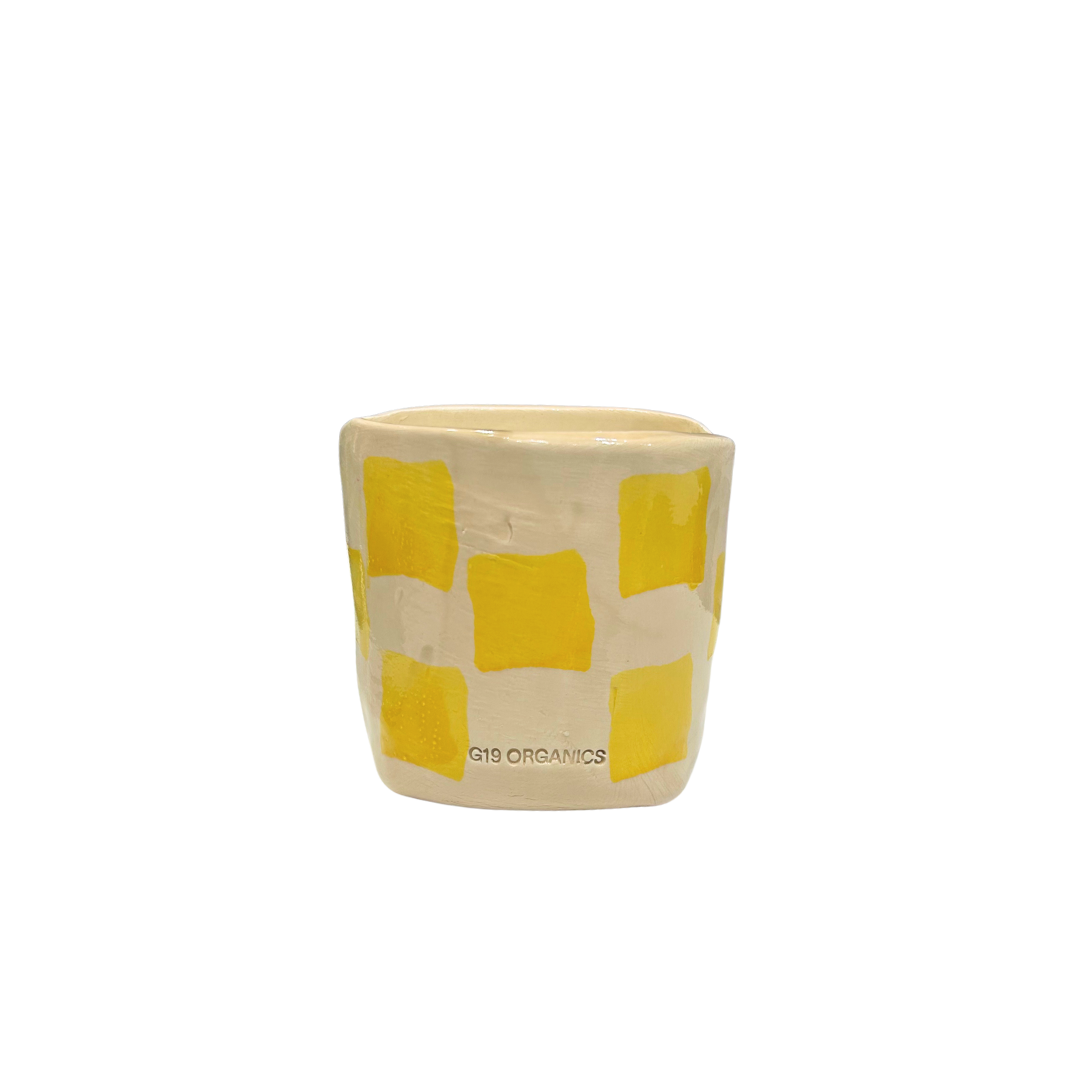 Vela Cerámica Vaso Cuadros Amarilla-Beige