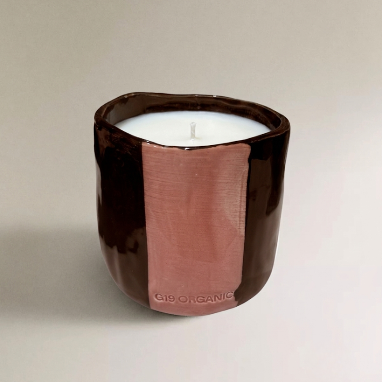 Vela Cerámica Vaso Raya Mediana Tonos Rosas