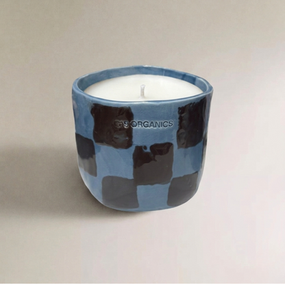 Vela Cerámica Vaso Cuadros Tonos Azul-Chocolate