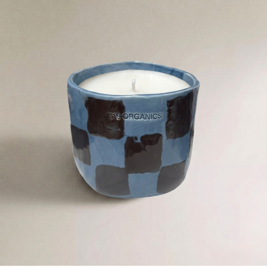 Vela Cerámica Vaso Cuadros Azul-Chocolate
