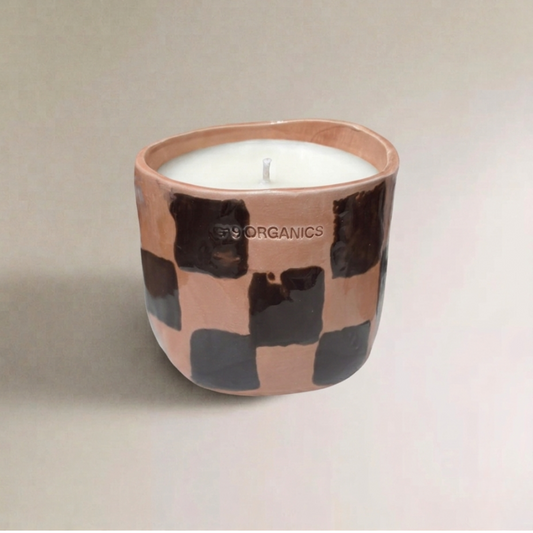 Vela Cerámica Vaso Cuadros Rosa-Chocolate