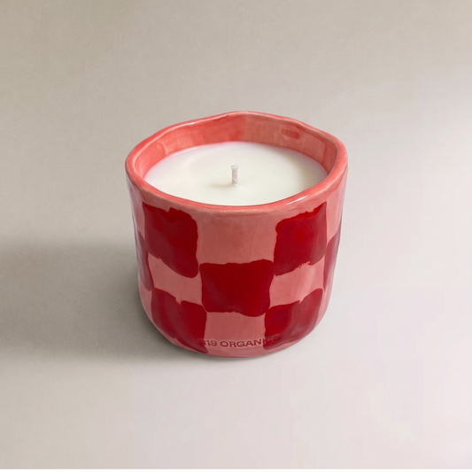 Vela Cerámica Vaso Cuadros Rosa-Rojo