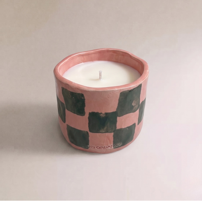 Vela Cerámica Vaso Cuadros Rosa-Verde