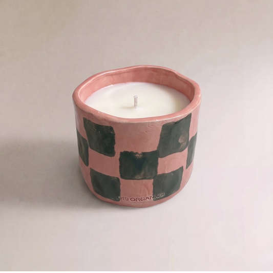 Vela Cerámica Vaso Cuadros Rosa-Verde