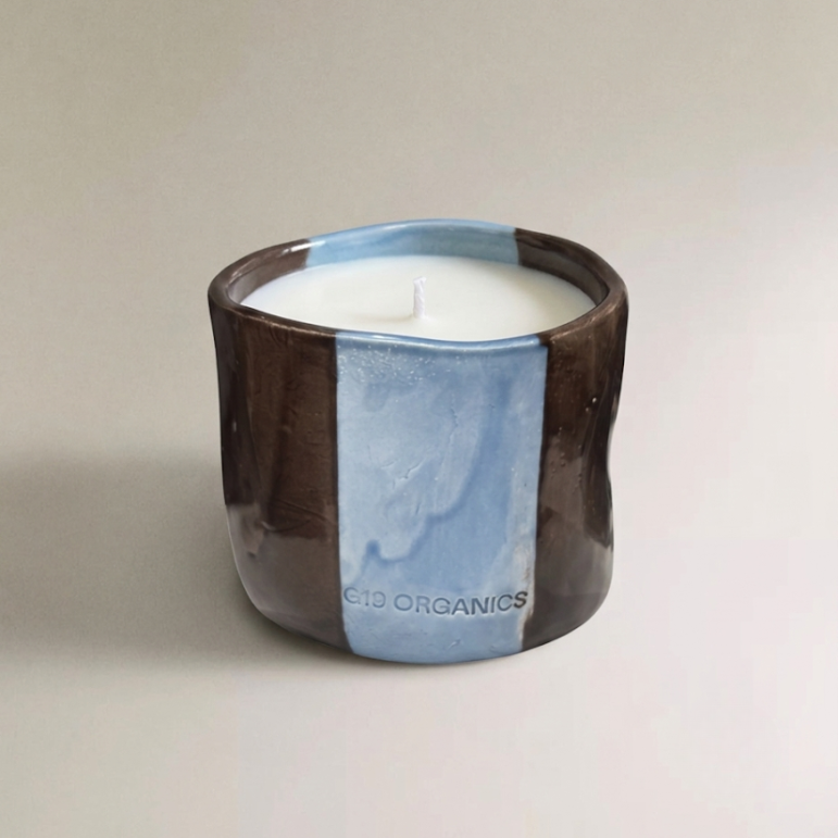 Vela Cerámica Vaso Raya Marrón-Azul