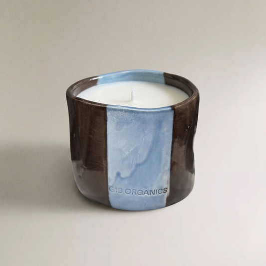 Vela Cerámica Vaso Raya Marrón-Azul
