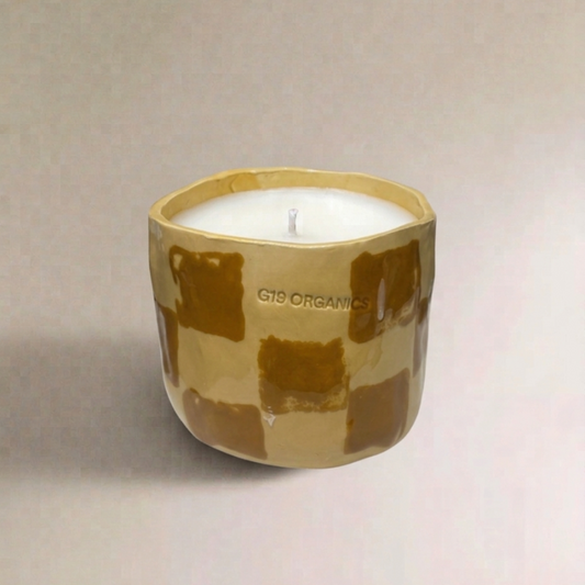 Vela Cerámica Vaso Cuadros Amarillo-Mostaza