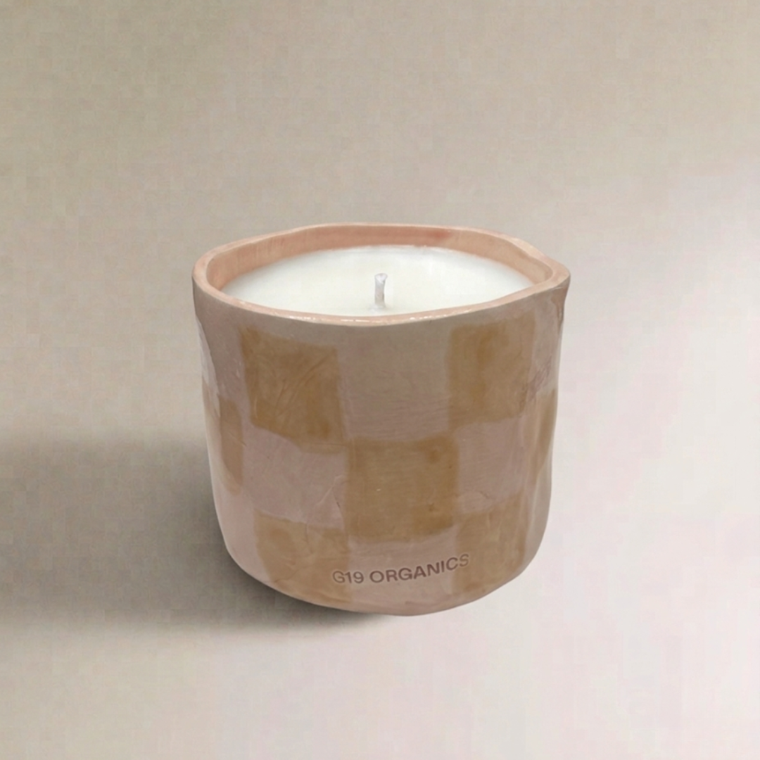 Vela Cerámica Vaso Cuadros Rosa-Melocotón