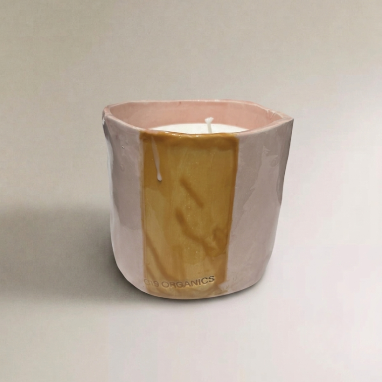Vela Cerámica Vaso Raya Rosa-Mostaza