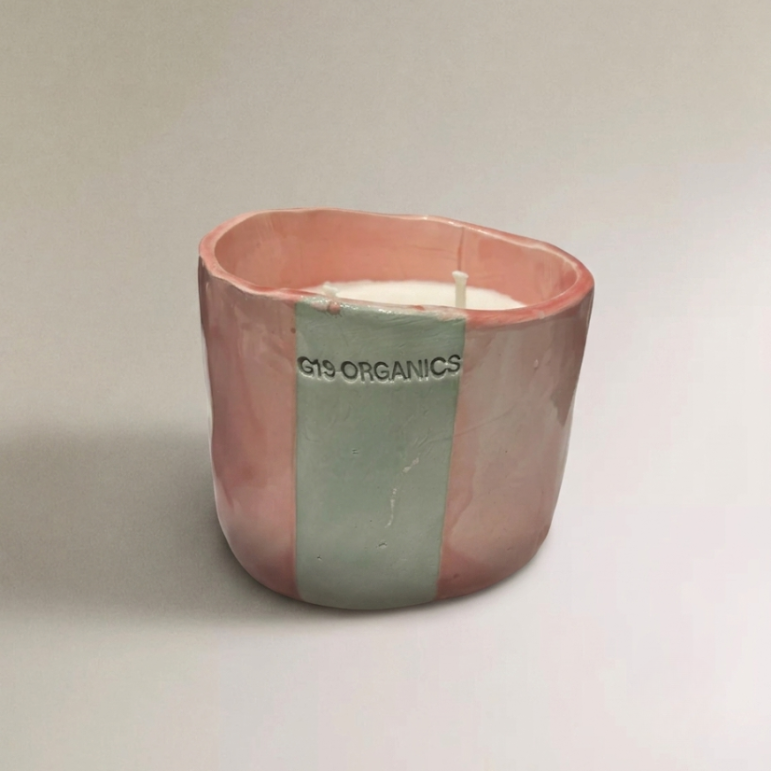 Vela Cerámica Vaso Raya Mediana Tonos Rosas