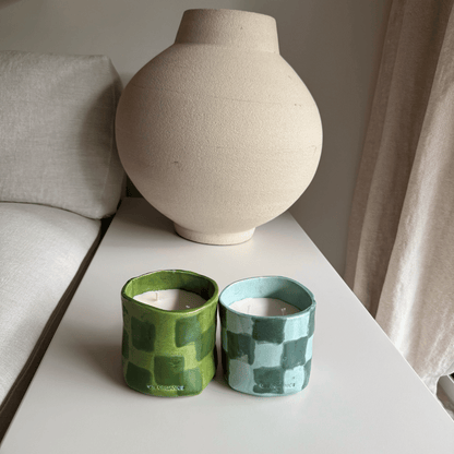 Vela Cerámica Vaso Cuadros Verde-Lima
