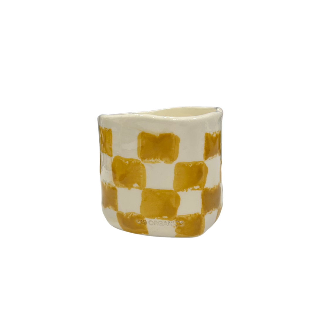 Vela Cerámica Vaso Cuadros Mostaza-Blanco