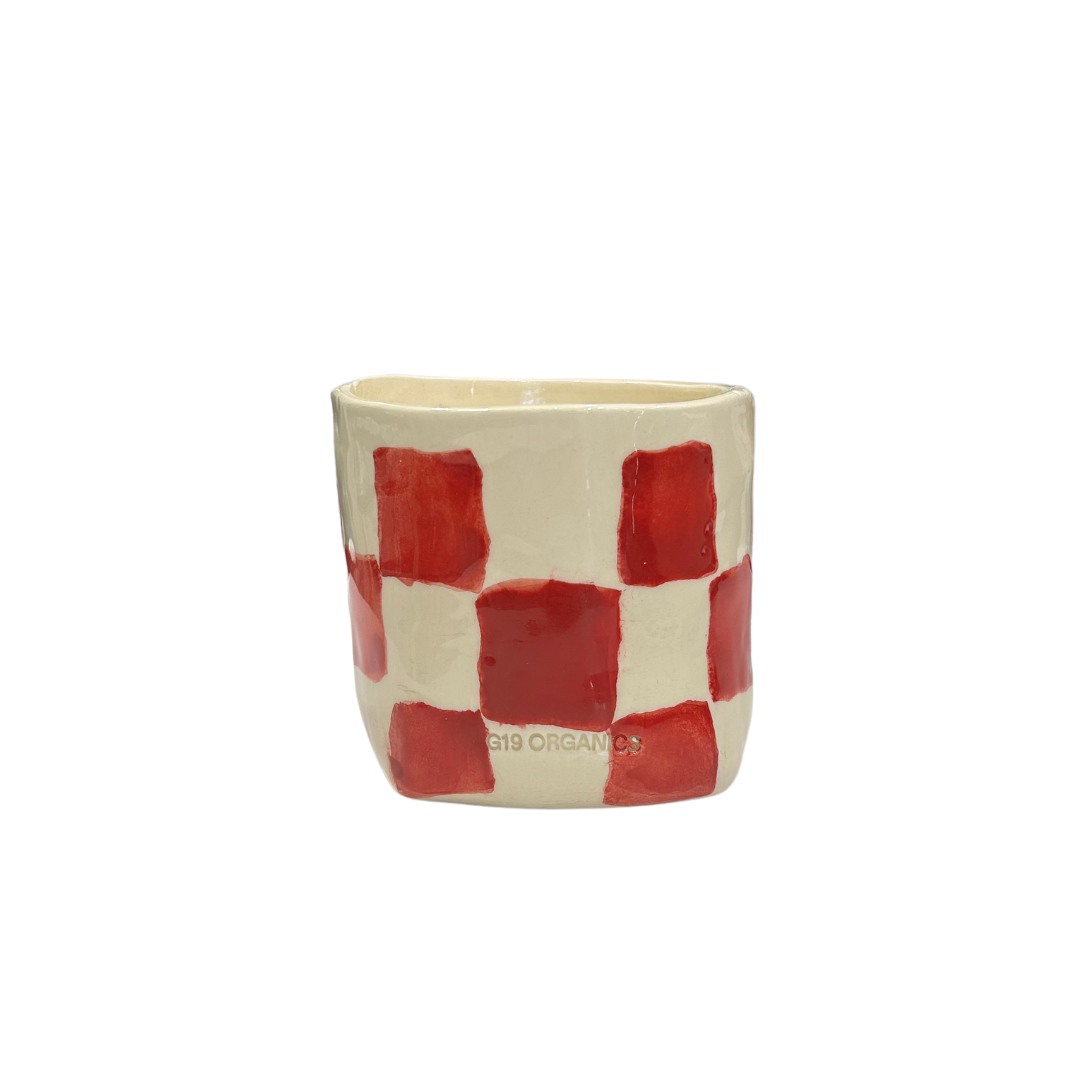 Vela Cerámica Vaso Cuadros Rojo-Blanco