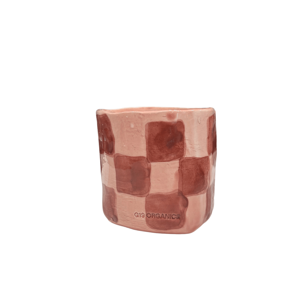 Vela Cerámica Vaso Cuadros Rosa-Burdeos
