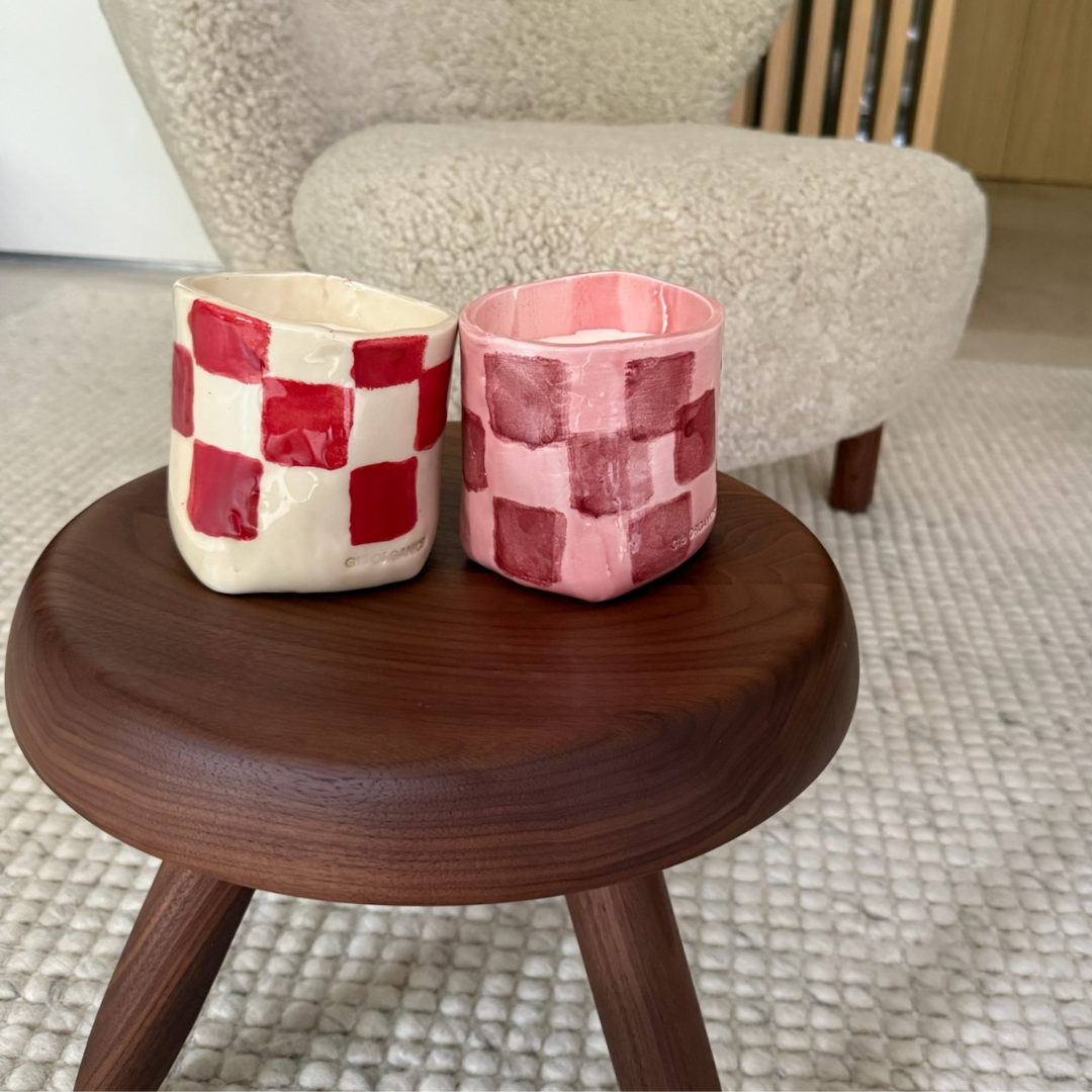 Vela Cerámica Vaso Cuadros Rojo-Blanco