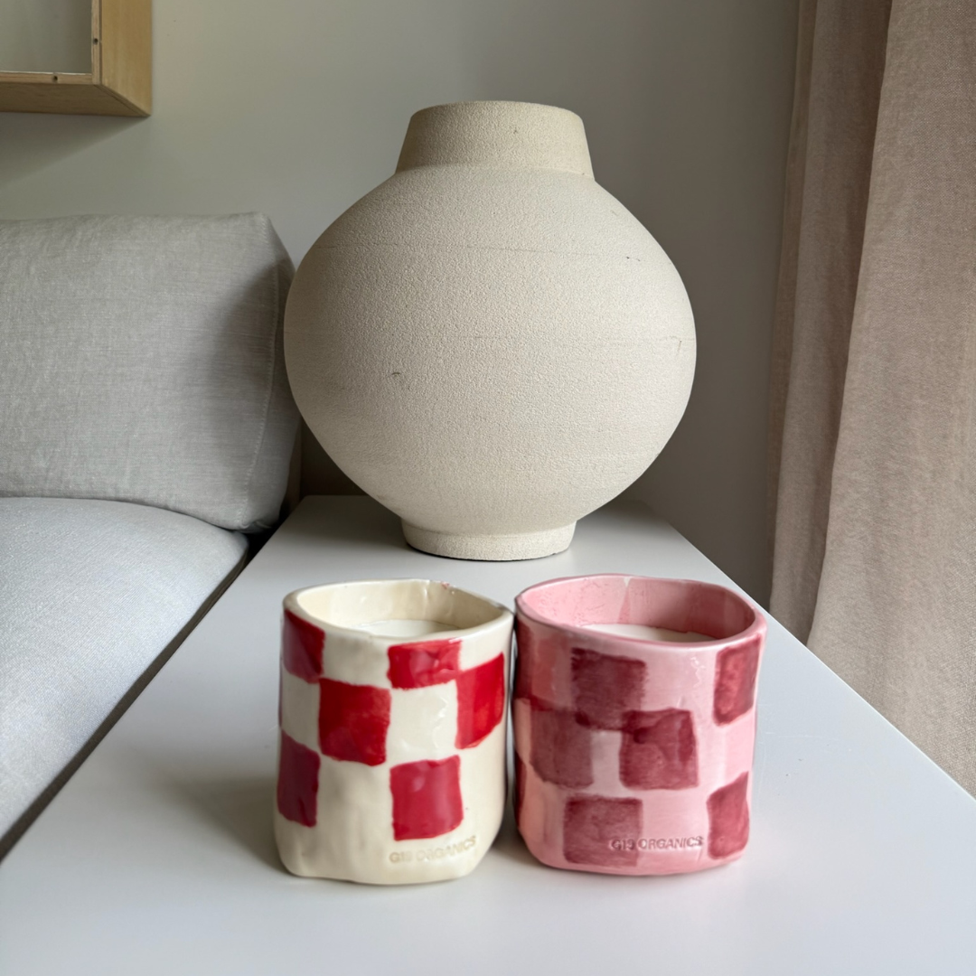 Vela Cerámica Vaso Cuadros Rojo-Blanco