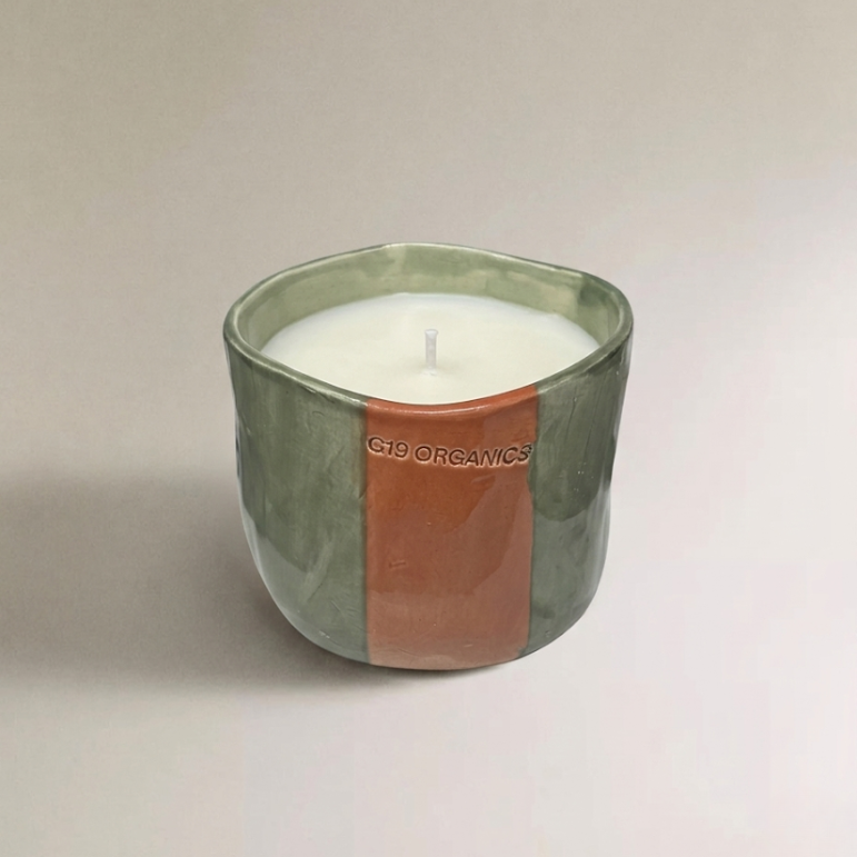 Vela Cerámica Vaso Raya Verde-Naranja