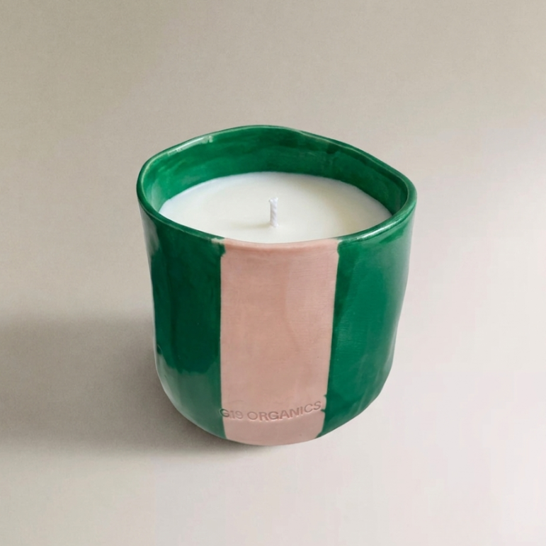 Vela Cerámica Vaso Raya Verde Oscuro-Nude