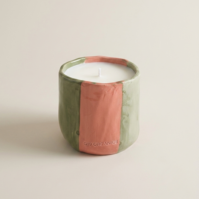 Vela Cerámica Vaso Raya Pequeña Tonos Rosas