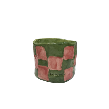 Vela Cerámica Vaso Cuadros Verde-Rosa