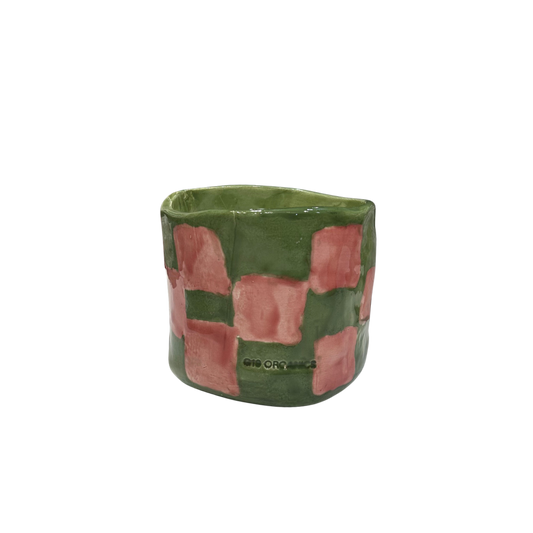 Vela Cerámica Vaso Cuadros Verde-Rosa