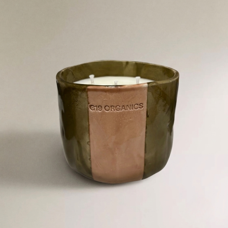 Vela Cerámica Vaso Raya Mediana Tonos Rosas